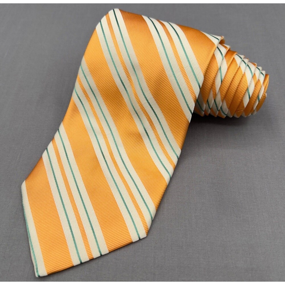 ALTEA MILANO Tie 100% Silk Repp Necktie ITALY Designer Striped Gold/Green 60"